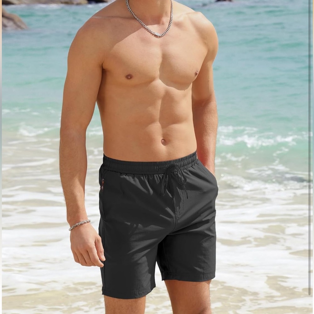 Men's Dark Gray Swim Shorts with Multicolor Aztec Trim